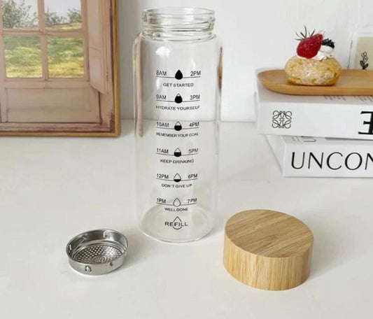 Glass Water Bottle with Time Marker, Leak-Proof,With stainless steel Hot and Cold Beverages for Office, Gym, Travel (1)