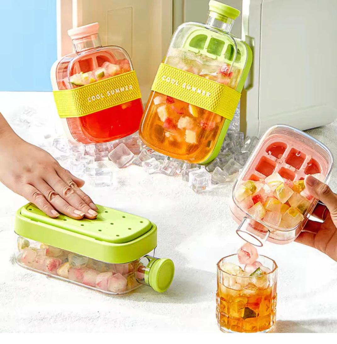 Ice Cube Bottle, 2 in 1 Ice Maker Cup, with Straw, Easy Press to Release Cool Summer bottel Cup for Freezer, Coffee, Juice, Beverages