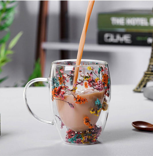 Double-Walled Glass Mug with Dry Flowers for Coffee Juice Beautiful Gift.