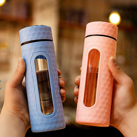 Glass Water Bottle Double Wall Heat Resisted Bottle With Plastic Case