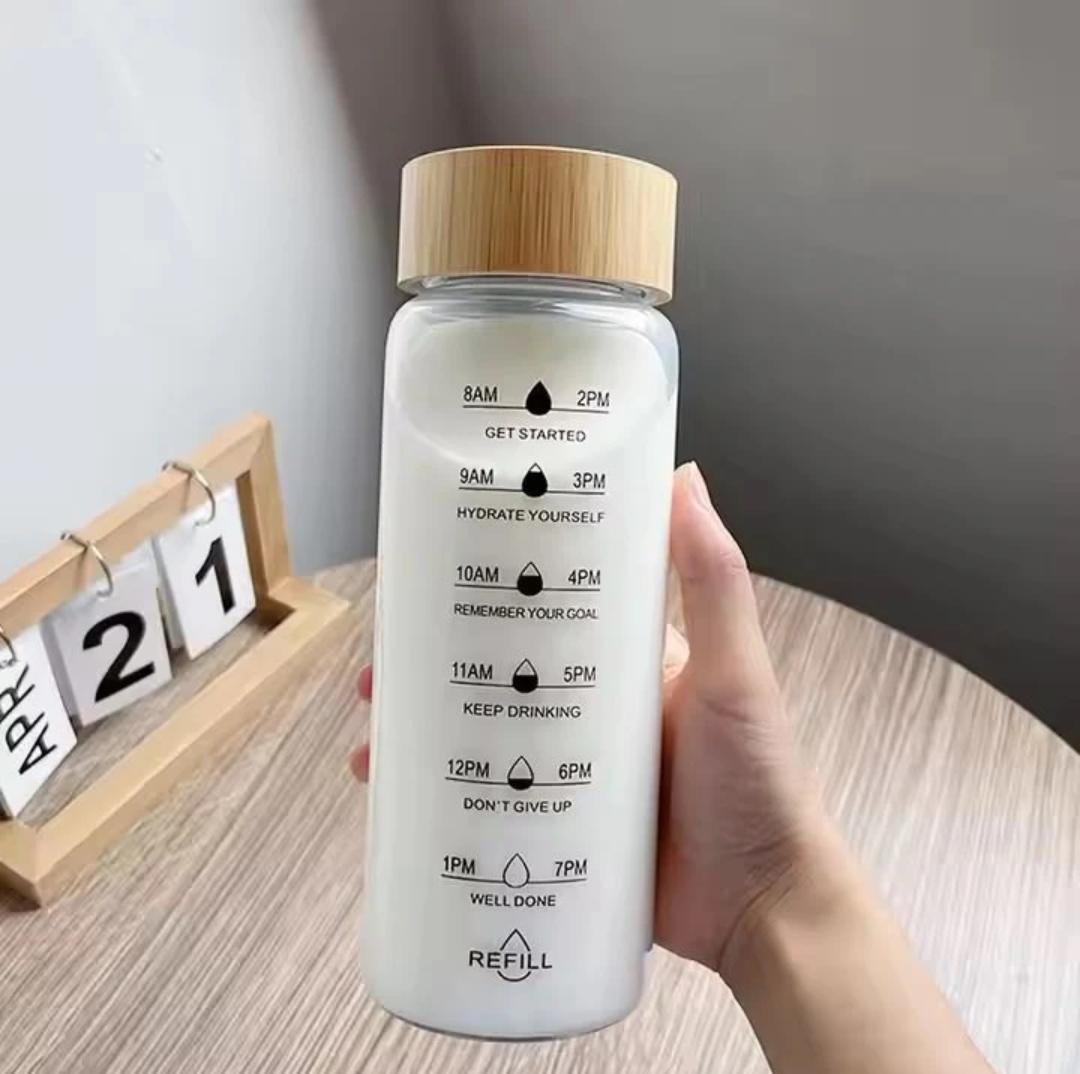 Glass Water Bottle with Time Marker, Leak-Proof,With stainless steel  Hot and Cold Beverages for Office, Gym, Travel (1)