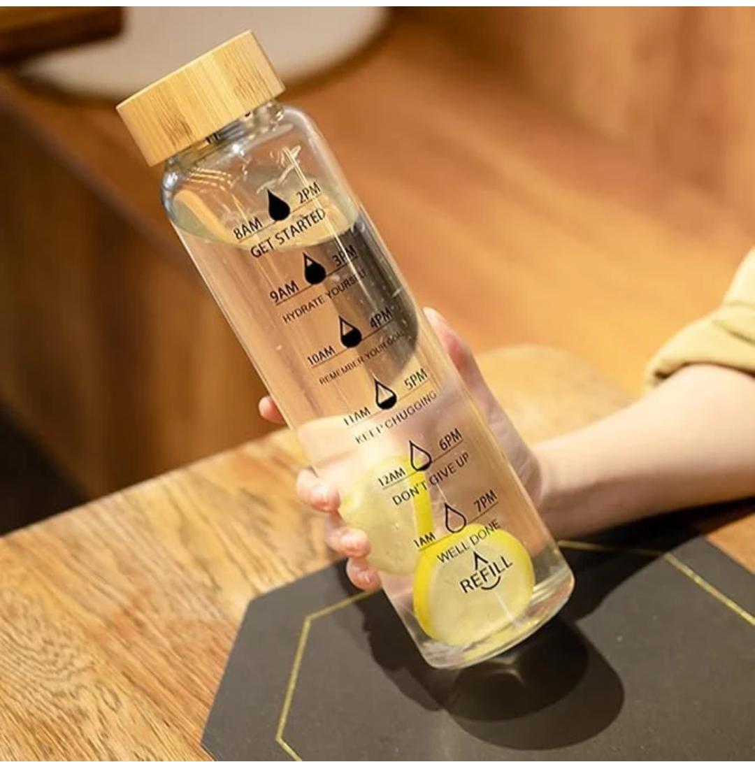 Glass Water Bottle with Time Marker, Leak-Proof,With stainless steel  Hot and Cold Beverages for Office, Gym, Travel (1)