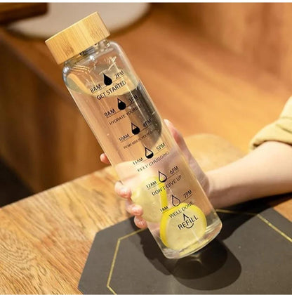 Glass Water Bottle with Time Marker, Leak-Proof,With stainless steel  Hot and Cold Beverages for Office, Gym, Travel (1)
