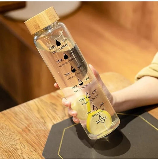Glass Water Bottle with Time Marker, Leak-Proof,With stainless steel  Hot and Cold Beverages for Office, Gym, Travel (1)
