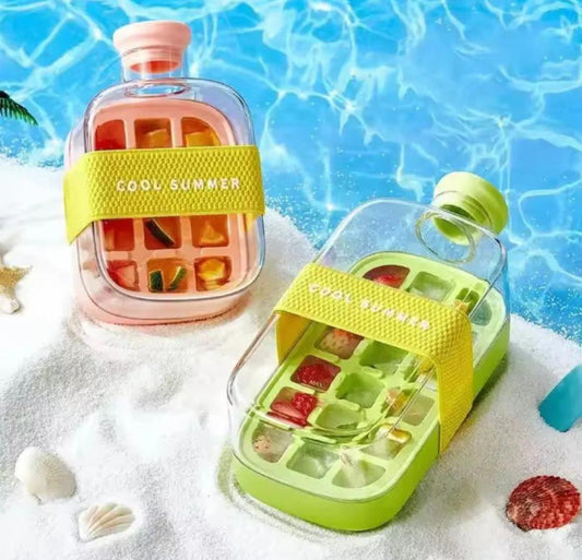 Ice Cube Bottle, 2 in 1 Ice Maker Cup, with Straw, Easy Press to Release Cool Summer bottel Cup for Freezer, Coffee, Juice, Beverages