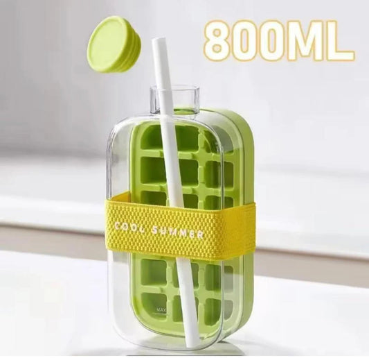 Ice Cube Bottle, 2 in 1 Ice Maker Cup, with Straw, Easy Press to Release Cool Summer bottel Cup for Freezer, Coffee, Juice, Beverages
