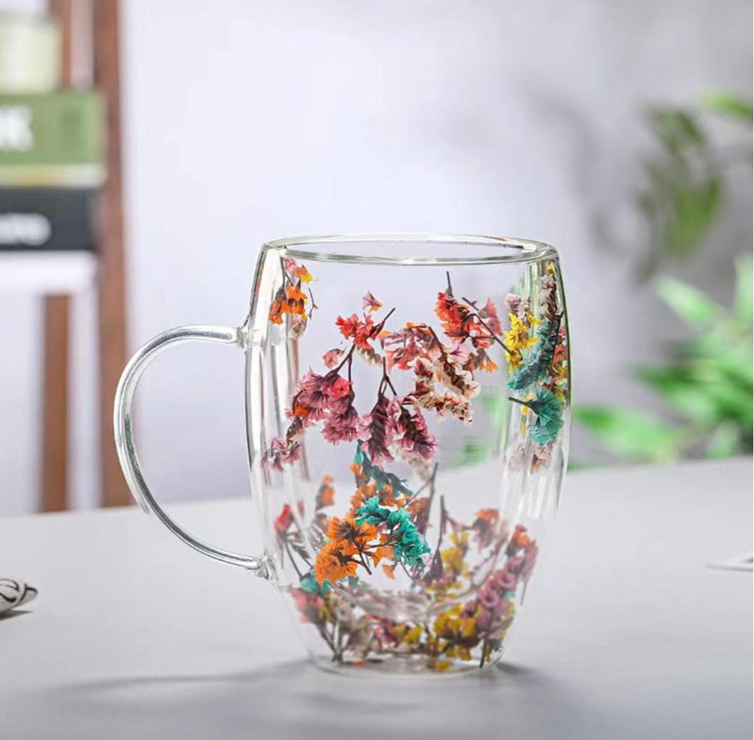 Double-Walled Glass Mug with Dry Flowers for Coffee Juice Beautiful Gift.