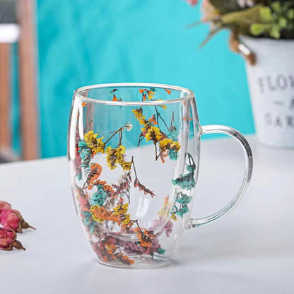 Double-Walled Glass Mug with Dry Flowers for Coffee Juice Beautiful Gift.