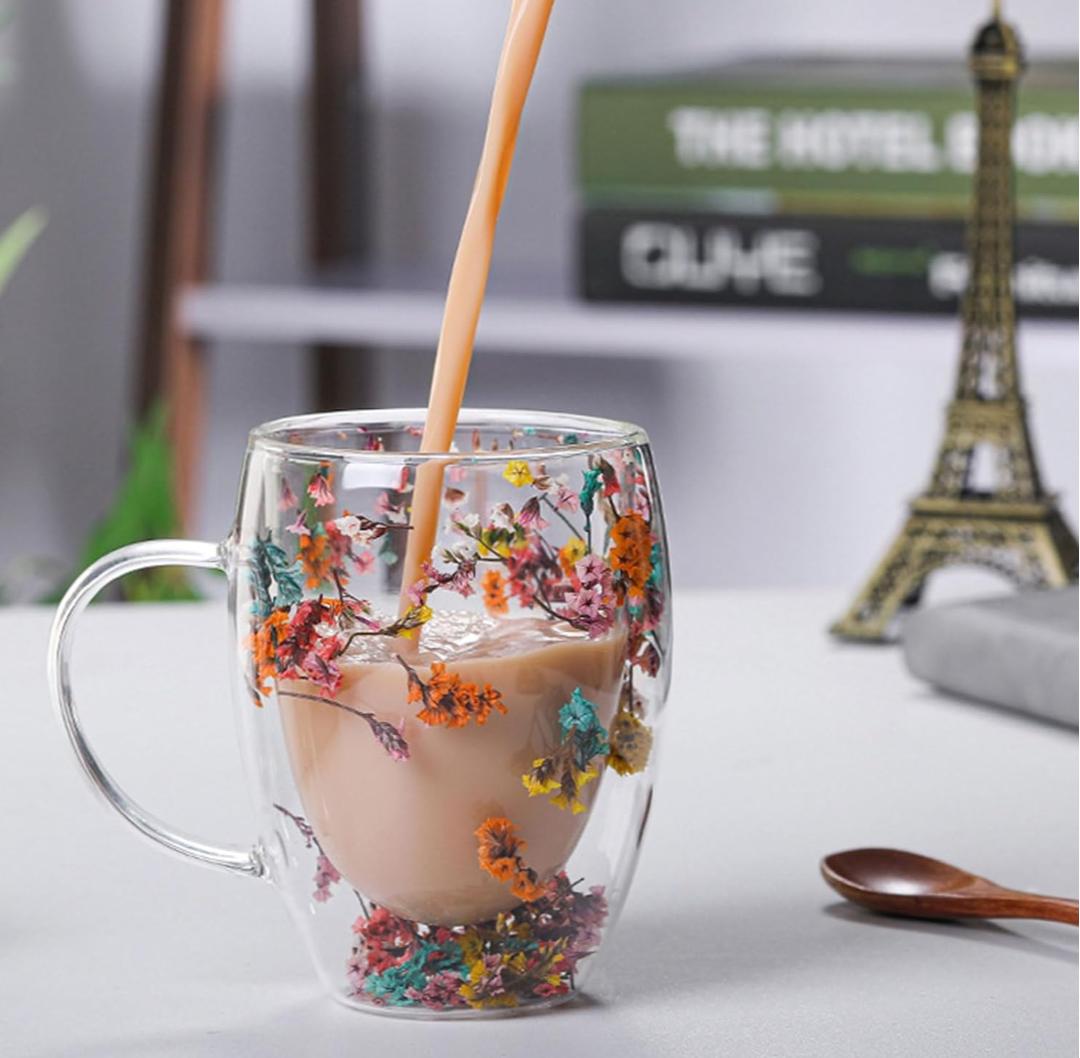 Double-Walled Glass Mug with Dry Flowers for Coffee Juice Beautiful Gift.