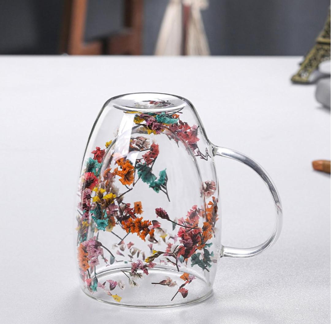 Double-Walled Glass Mug with Dry Flowers for Coffee Juice Beautiful Gift.