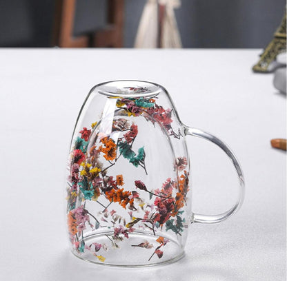 Double-Walled Glass Mug with Dry Flowers for Coffee Juice Beautiful Gift.