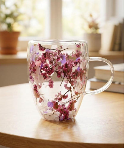 Double-Walled Glass Mug with Dry Flowers for Coffee Juice Beautiful Gift.