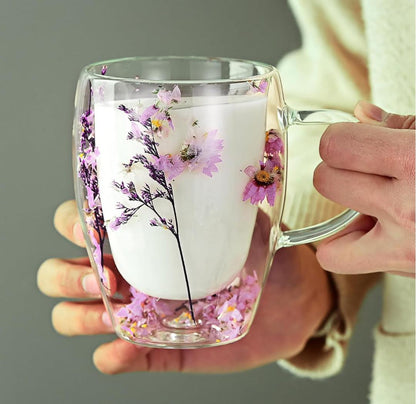 Double-Walled Glass Mug with Dry Flowers for Coffee Juice Beautiful Gift.