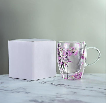 Double-Walled Glass Mug with Dry Flowers for Coffee Juice Beautiful Gift.