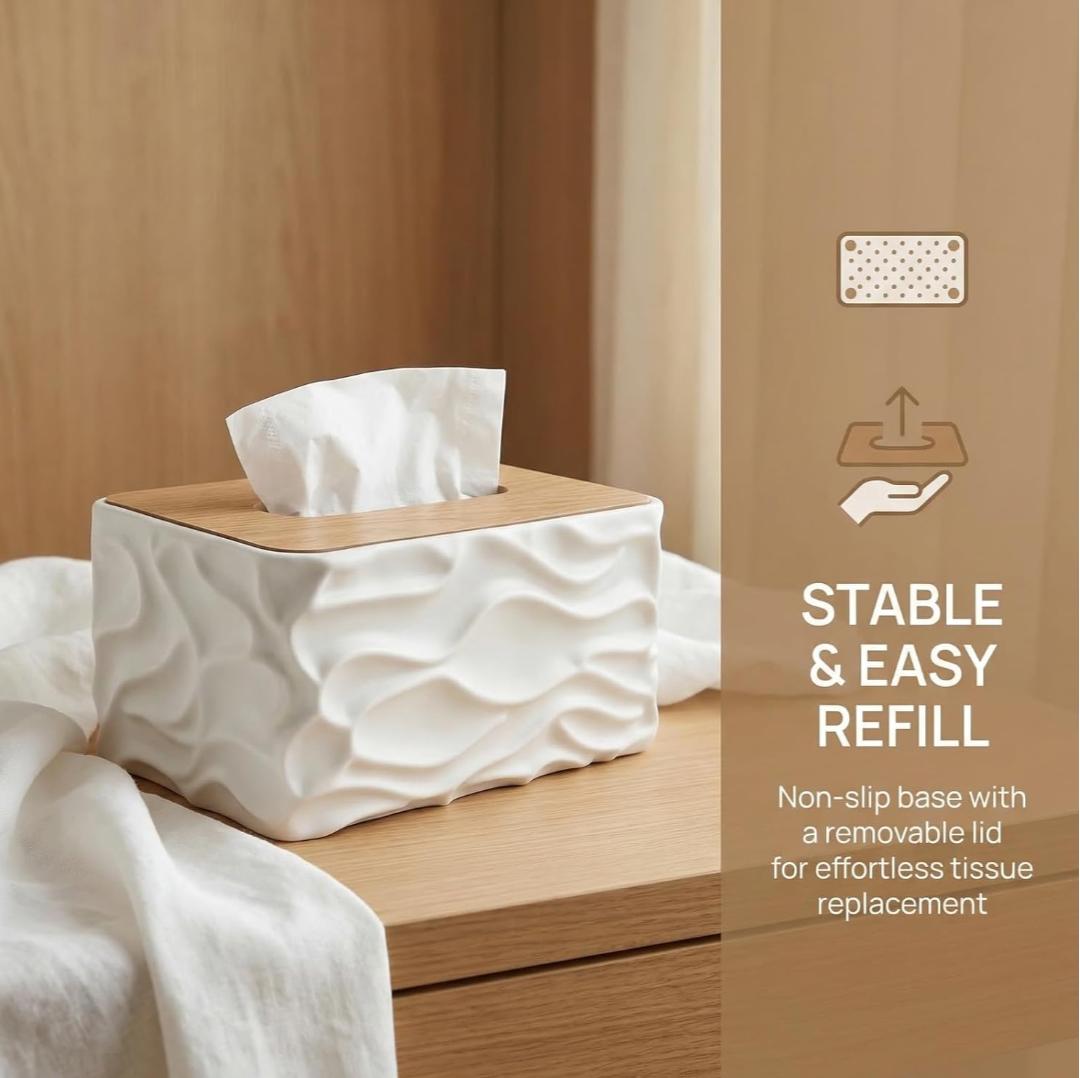 Tissue Holder With Wooden Lid, Durable Large Capacity Tissue Holder