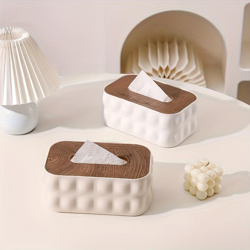 Tissue Box With Wooden Lid, Office Desk Tissue Organizer