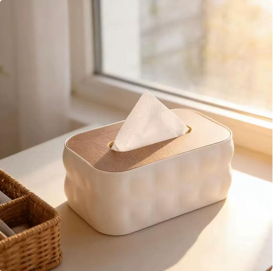 Tissue Box With Wooden Lid, Office Desk Tissue Organizer
