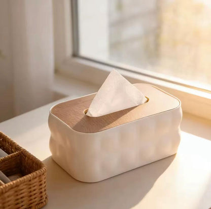 Tissue Box With Wooden Lid, Office Desk Tissue Organizer