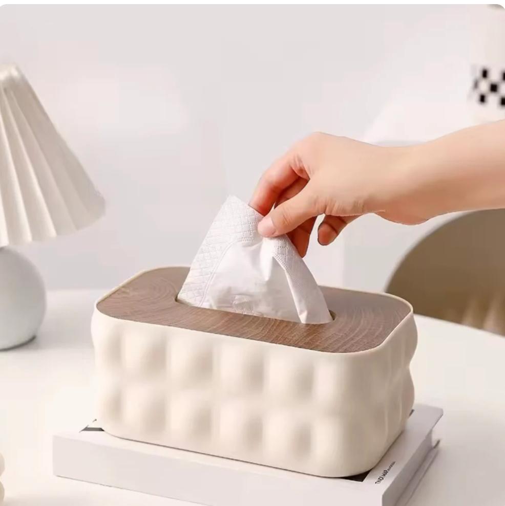 Tissue Box With Wooden Lid, Office Desk Tissue Organizer