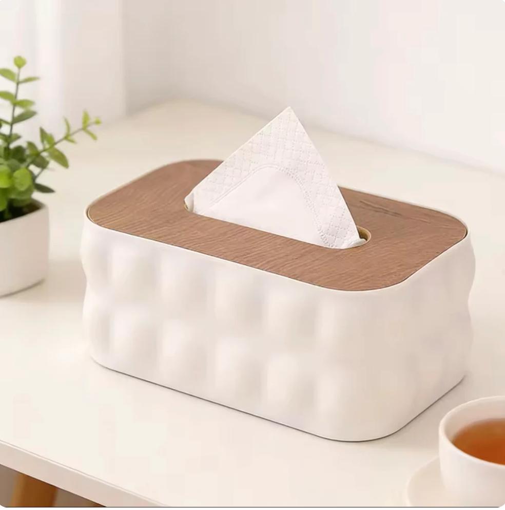 Tissue Box With Wooden Lid, Office Desk Tissue Organizer
