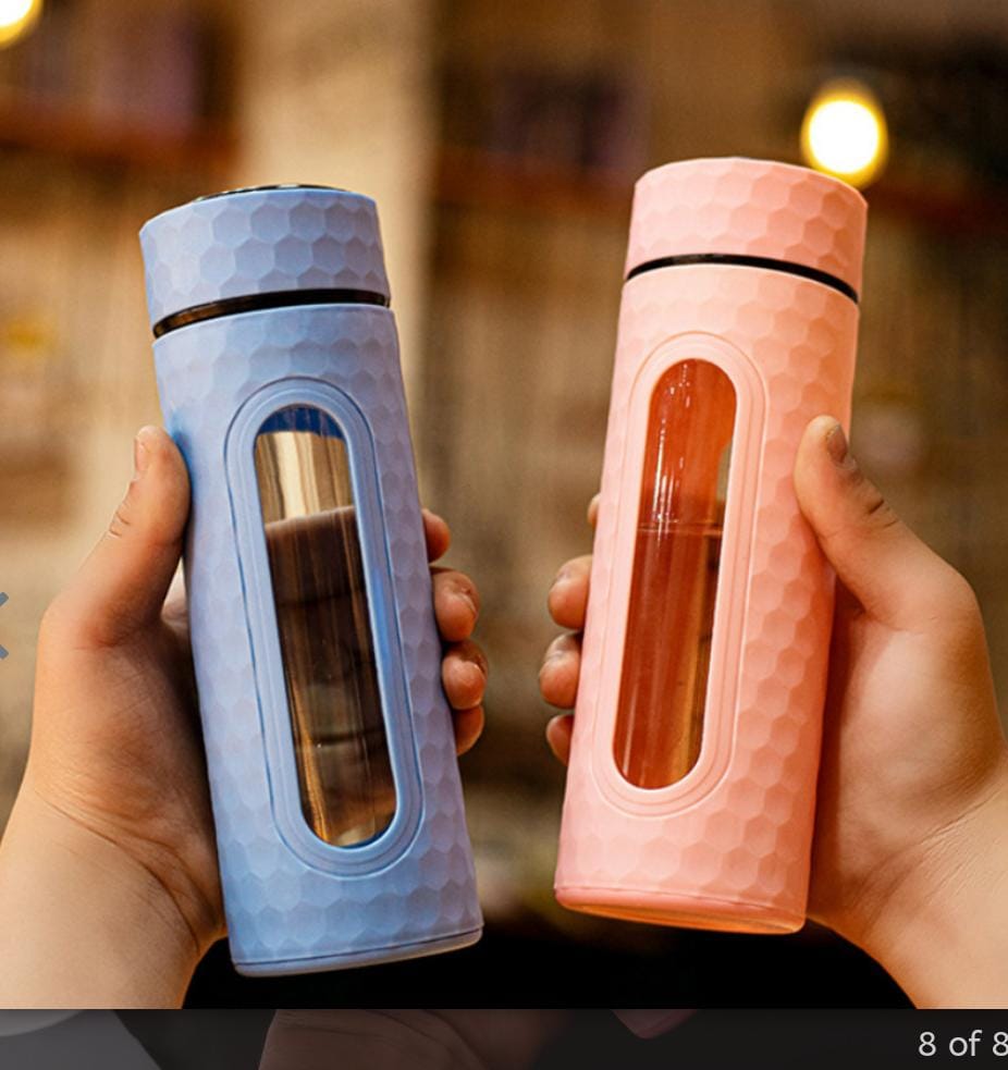 Glass Water Bottle Double Wall Heat Resisted Bottle With Plastic Case