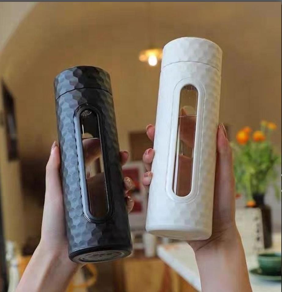 Glass Water Bottle Double Wall Heat Resisted Bottle With Plastic Case