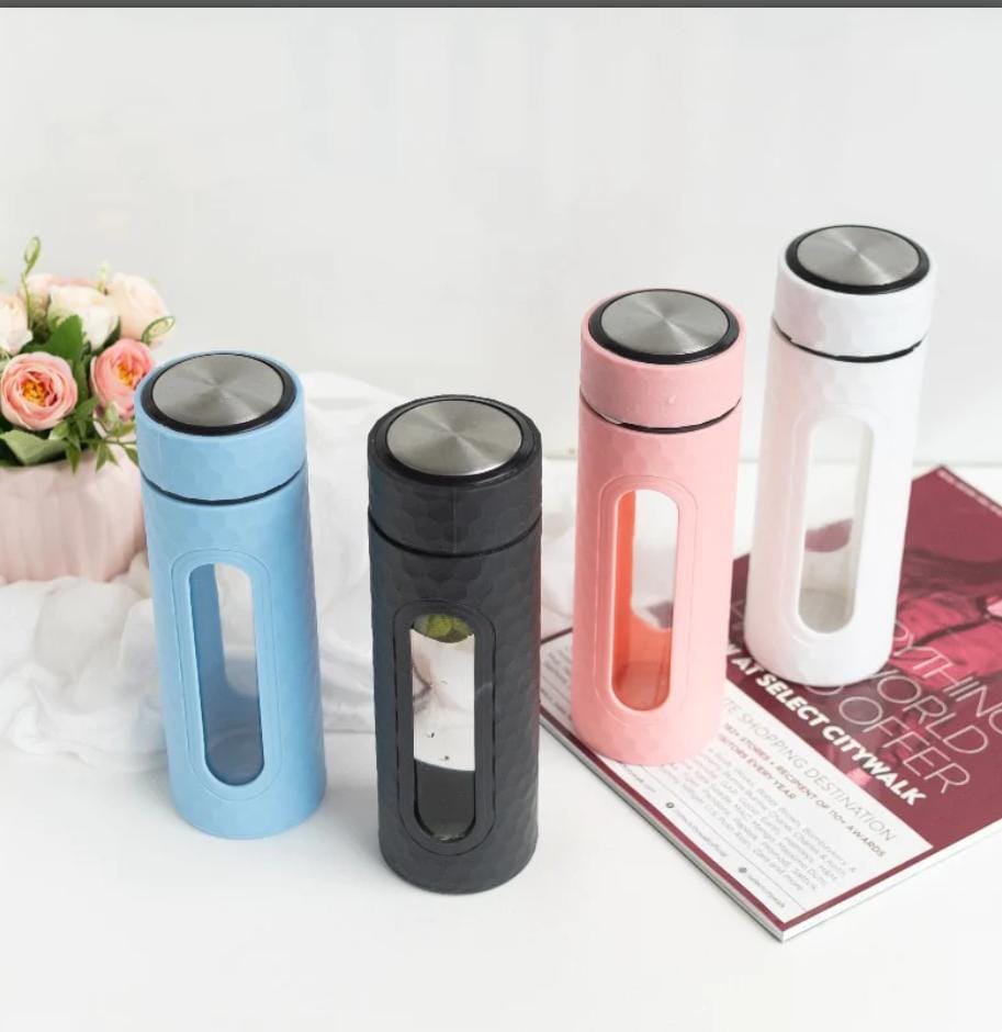 Glass Water Bottle Double Wall Heat Resisted Bottle With Plastic Case